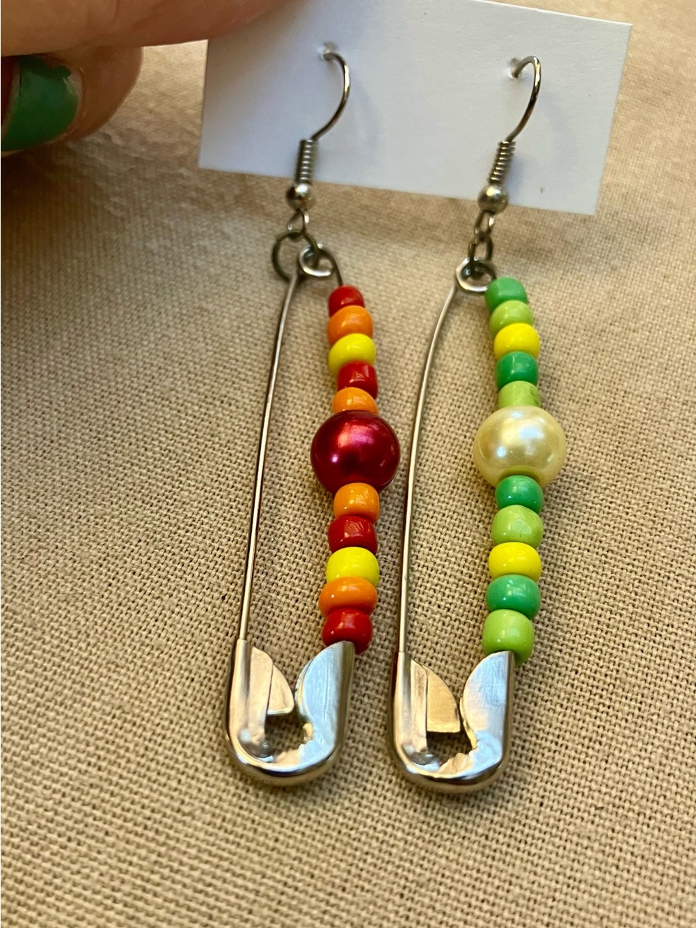 Beaded Safety Pin Drop Earrings - Colorful Red & Green